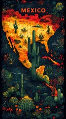 Illustrated Map of Mexico with Vibrant Desert Landscape