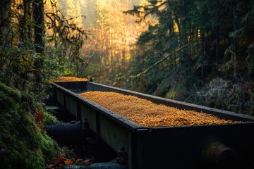 A metal trough brimming with golden seeds sits in a sun-dappled forest clearing.