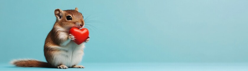 Cute Chipmunk Holding Heart, Valentine's Day, Blue Background, Copy Space