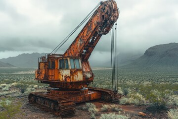 Rusty, abandoned crane sits in a desolate desert landscape under a cloudy sky.