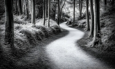 Serene black and white photograph of a winding path through a lush forest, sunlight dappling the ground.  Ideal for meditation, nature, and tranquility themes.