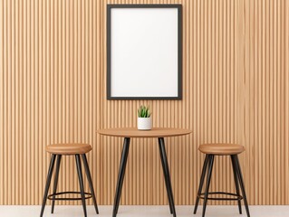 Cozy Minimalist Interior with Wooden Paneling, Empty Frame, Table, Plant, and Two Stools for Decoration Inspiration. 3D rendering