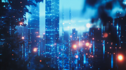 Obraz premium Smart digital Innovation city with connection network reciprocity over the cityscape. of future smart wireless digital city and social media networking systems that connects people with in city