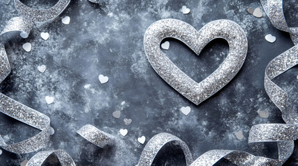 Glimmering silver heart intertwined with ribbons expressing romantic mood against dark shadowy backdrop