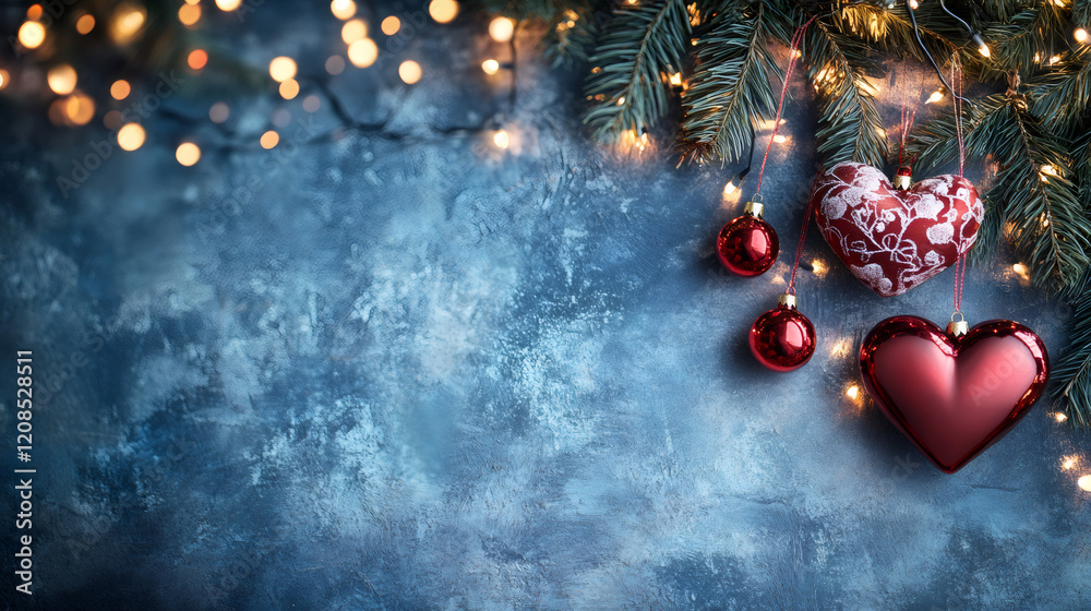 Poster Fir tree branch with heart shaped baubles and string lights creating a festive atmosphere on a blue background