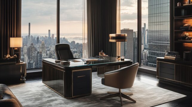 A luxury penthouse office with a glass desk, sleek furniture, and breathtaking city views.