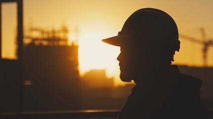 Fototapeta premium Silhouette of a Construction Worker at Sunset Over a Construction Site with Cranes, Capturing the Essence of Hard Work and Dedication in Urban Development