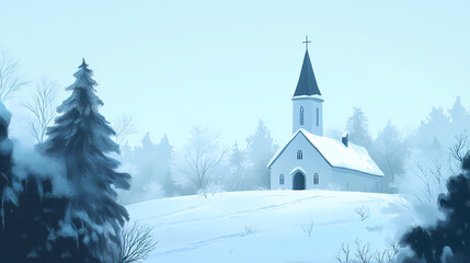 A snow-covered church with a steeple rising above the frosty trees, steeple, roof, trees. Frozen Spire. Illustration
