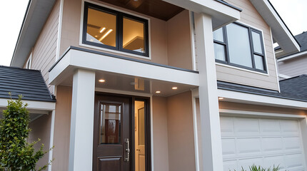 Fototapeta premium Modern House Exterior: Contemporary Home Design and Architecture. View of a beautiful new home's facade, showcasing elegant design and luxury features.