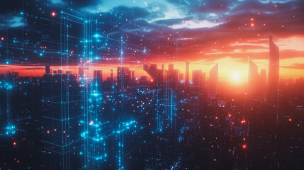 Obraz premium Smart digital Innovation city with connection network reciprocity over the cityscape. of future smart wireless digital city and social media networking systems that connects people with in city