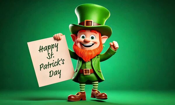 Cute Cartoon Leprechaun Dancing with a Happy St Patricks Day Sign with Space for Copy Looping Video