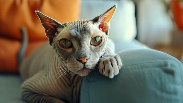 Relaxed devon rex cat lounging on a cozy sofa in a modern living room setting AI