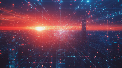Obraz premium Smart digital Innovation city with connection network reciprocity over the cityscape. of future smart wireless digital city and social media networking systems that connects people with in city
