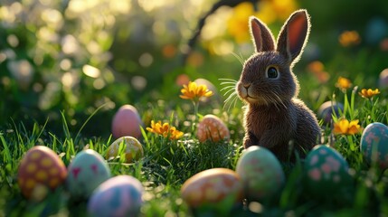 Easter delight: chocolate bunny with colorful eggs in a sunny spring garden