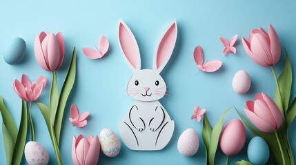 Obraz premium Easter bunny with eggs and tulips on blue background for holiday celebration design
