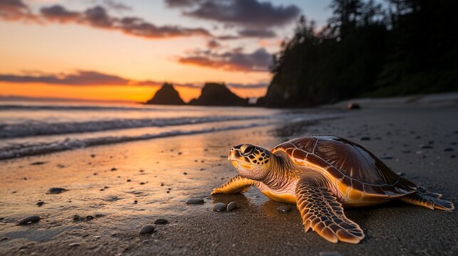 Sea turtle sunset beach coastal wildlife ocean