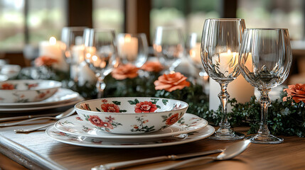 Elegant Table Setting with Floral Dinnerware and Candlelight