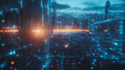 Smart digital Innovation city with connection network reciprocity over the cityscape. of future smart wireless digital city and social media networking systems that connects people with in city