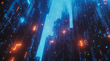 Fototapeta premium Smart digital Innovation city with connection network reciprocity over the cityscape. of future smart wireless digital city and social media networking systems that connects people with in city