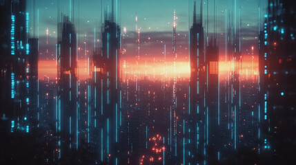 Naklejka premium Smart digital Innovation city with connection network reciprocity over the cityscape. of future smart wireless digital city and social media networking systems that connects people with in city