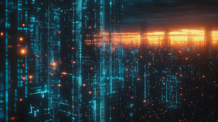 Smart digital Innovation city with connection network reciprocity over the cityscape. of future smart wireless digital city and social media networking systems that connects people with in city