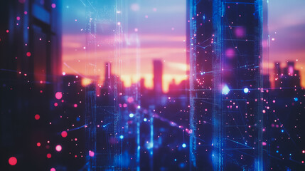 Smart digital Innovation city with connection network reciprocity over the cityscape. of future smart wireless digital city and social media networking systems that connects people with in city