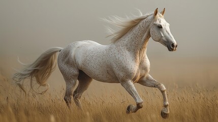 Obraz premium Majestic White Horse Galloping in a Golden Grassland Scene