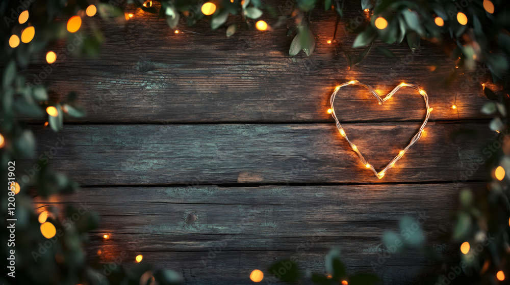 Poster glowing heart shaped lights creating a romantic atmosphere for valentine's day on a rustic wooden ba