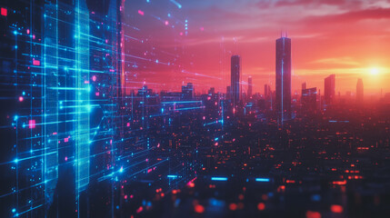 Naklejka premium Smart digital Innovation city with connection network reciprocity over the cityscape. of future smart wireless digital city and social media networking systems that connects people with in city