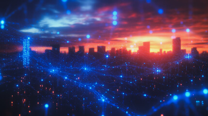 Obraz premium Smart digital Innovation city with connection network reciprocity over the cityscape. of future smart wireless digital city and social media networking systems that connects people with in city
