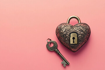 Decorative heart-shaped lock with an antique key on a soft pink background representing love and security