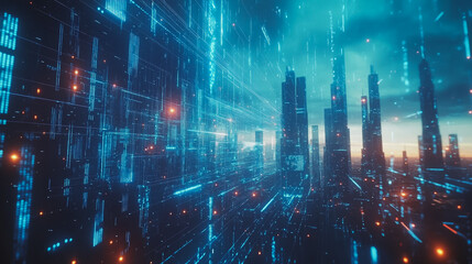 Naklejka premium Smart digital Innovation city with connection network reciprocity over the cityscape. of future smart wireless digital city and social media networking systems that connects people with in city