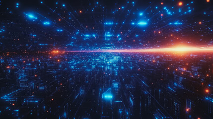 Obraz premium Smart digital Innovation city with connection network reciprocity over the cityscape. of future smart wireless digital city and social media networking systems that connects people with in city