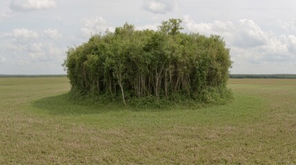 Lush green island of trees in a flat field, aerial view. Use Nature documentary or environmental study