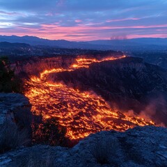 Fiery hillside wildfire at twilight.