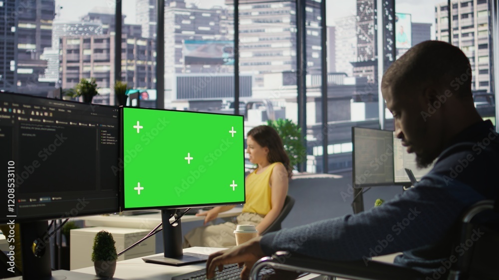Poster man with disability in inclusive workplace working with machine learning tech on green screen comput
