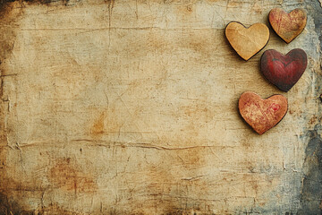 Fototapeta premium Decorative wooden hearts arranged on a textured background showcasing rustic charm and warmth