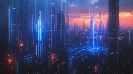 Obraz premium Smart digital Innovation city with connection network reciprocity over the cityscape. of future smart wireless digital city and social media networking systems that connects people with in city