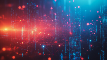 Obraz premium Smart digital Innovation city with connection network reciprocity over the cityscape. of future smart wireless digital city and social media networking systems that connects people with in city