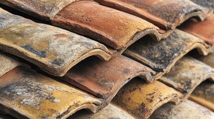 Weathered clay roof tiles, overlapping layers.