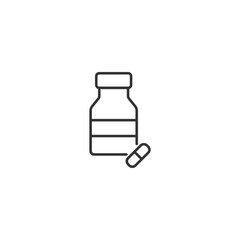 Minimalist icon of medication bottle with a capsule on white background