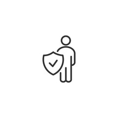 Minimalist security icon: person with shield symbolizing safety and protection