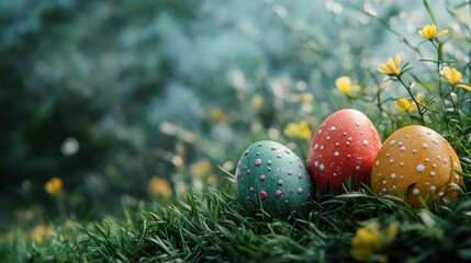 Easter celebration with colorful eggs on grass and floral background for springtime design