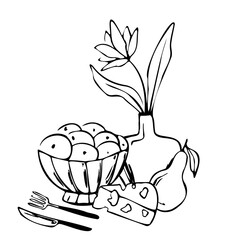 Hand drawn vector illustration of a dinner composition with a fruit bowl, cheese, pear, vase with flowers, knife, and fork. Black and white line art style for menu, invitation, poster, print