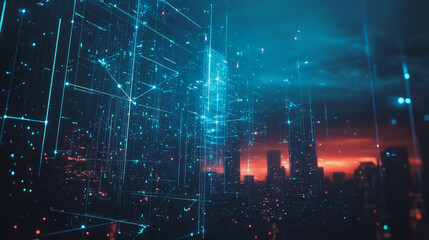 Obraz premium Smart digital Innovation city with connection network reciprocity over the cityscape. of future smart wireless digital city and social media networking systems that connects people with in city