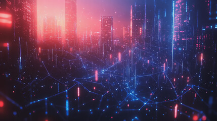 Obraz premium Smart digital Innovation city with connection network reciprocity over the cityscape. of future smart wireless digital city and social media networking systems that connects people with in city