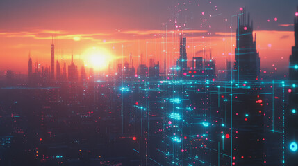 Fototapeta premium Smart digital Innovation city with connection network reciprocity over the cityscape. of future smart wireless digital city and social media networking systems that connects people with in city