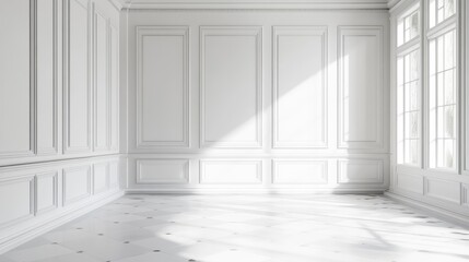 Fototapeta premium Spacious sunlit empty room with classic white wall panels and large windows