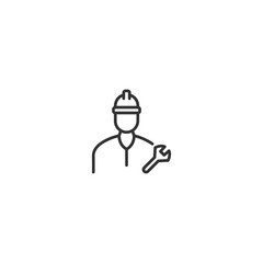 Minimal outline icon of construction worker with hard hat and wrench