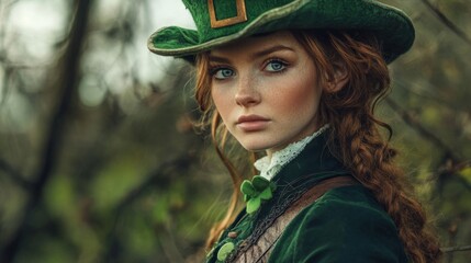 Fototapeta premium Red haired woman in green leprechaun hat in enchanted forest